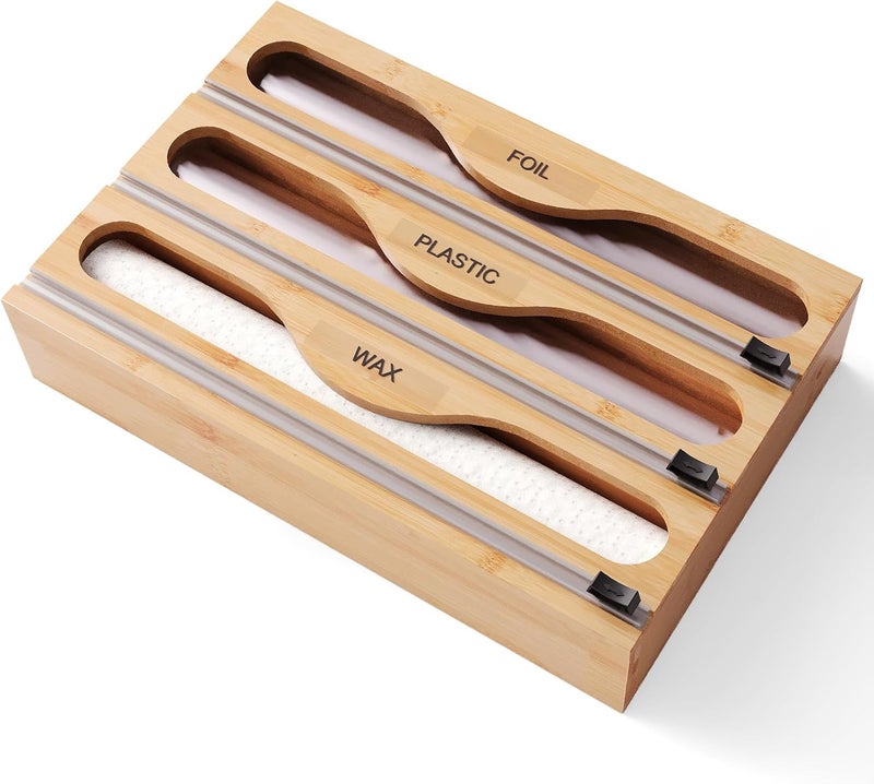 Danfoxer Wrap Dispenser with Cutter and Labels, Plastic Wrap Organizer For Kitchen,Bamboo 3-in-1 Wrap Dispensers for Cling Wrap Aluminum Foil and Wax,Storage Organization Holder（Natural） - Image 1